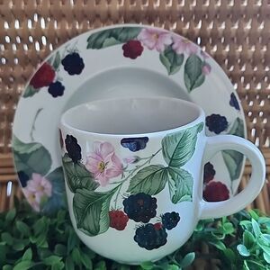 Vintage Stoneware Berries Teacup & Saucer Cottage Core Farmhouse Chic